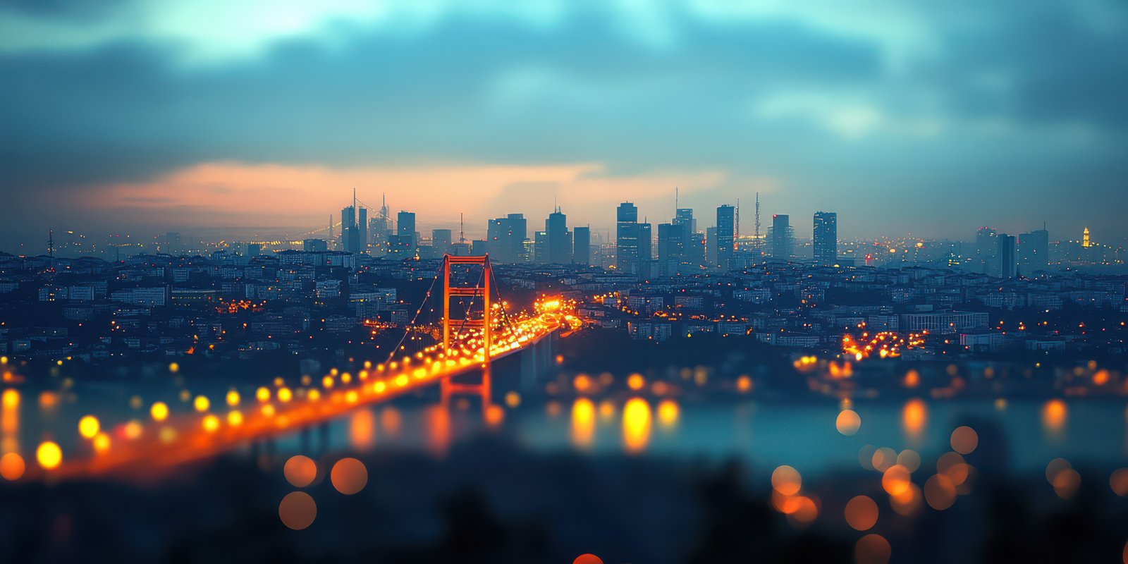 Golden lights illuminate the skyline of a bustling city during twilight hours over the tranquil waters below